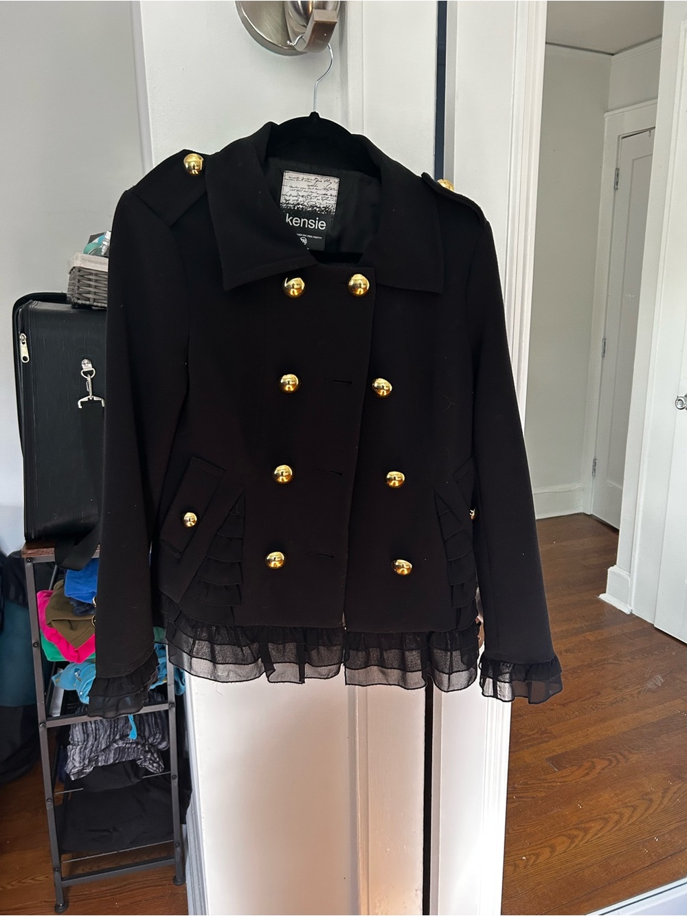 Kensie Black Double-Breasted Pea Coat with Gold Buttons and Ruffle Hem